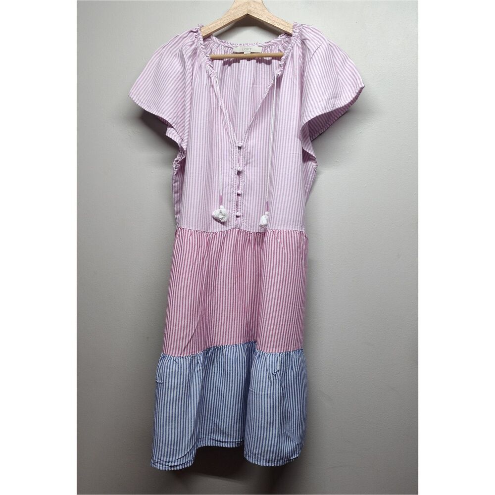 Loft Mini Dress Women XL Pink Stripes Short Sleeve Linen Blend Boho Resortwear